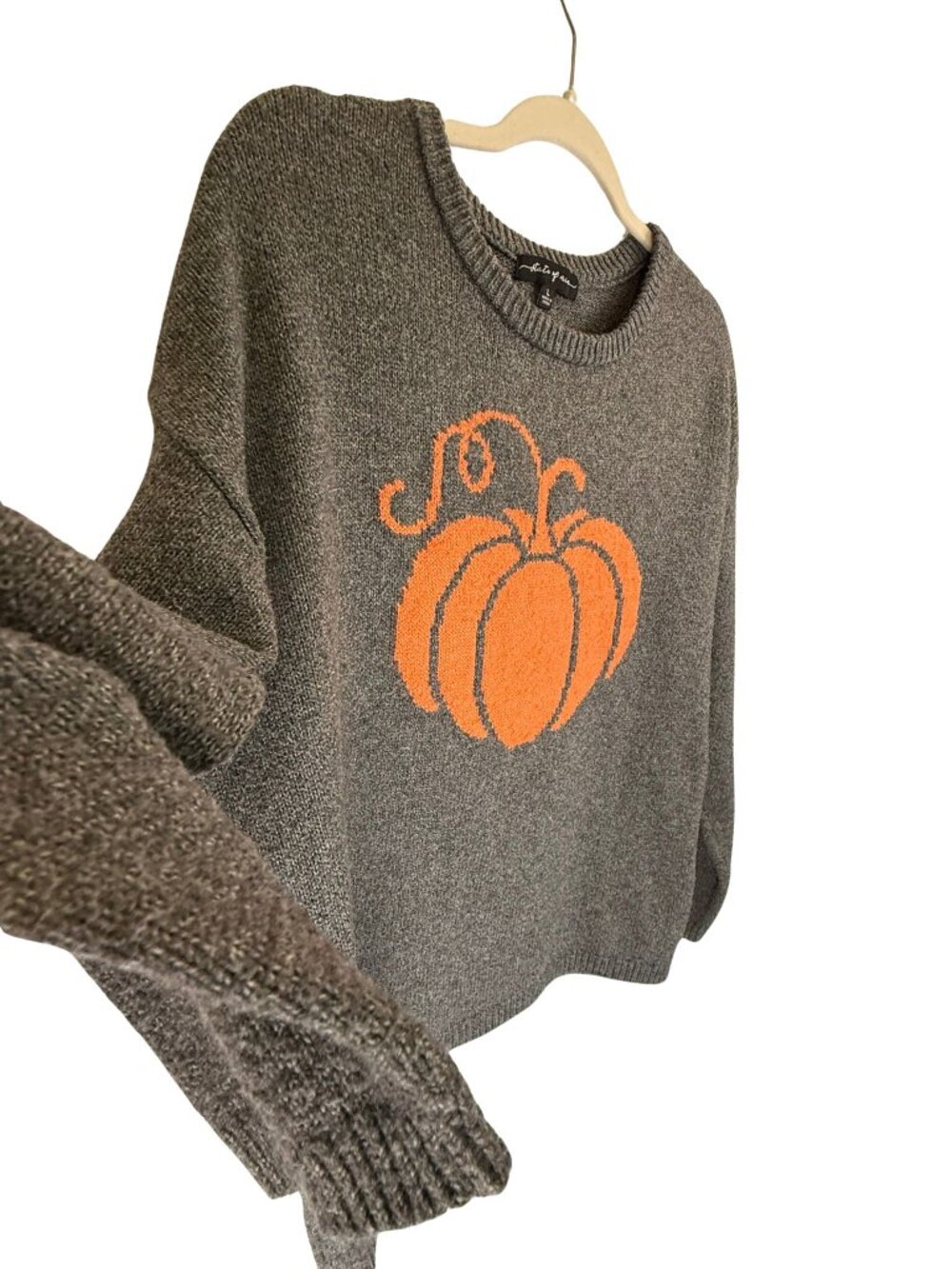 State of Mine Gray Orange Pumpkin Sweater Womens Large Fall Halloween Pullover - Picture 5 of 7
